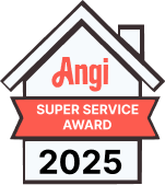 Angi Super Service Award 2025 badge in a house shape with red and white colors.