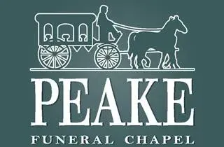 A logo for peake funeral chapel with a horse drawn carriage.