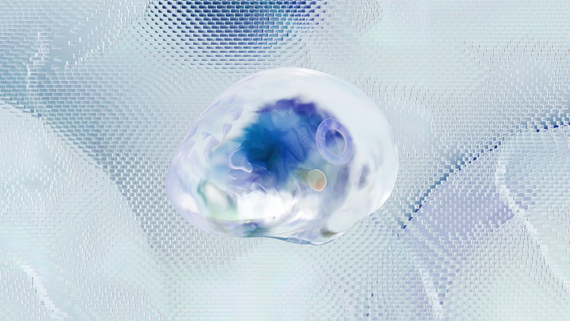 Translucent orb with blue center, set against a textured, light blue background.