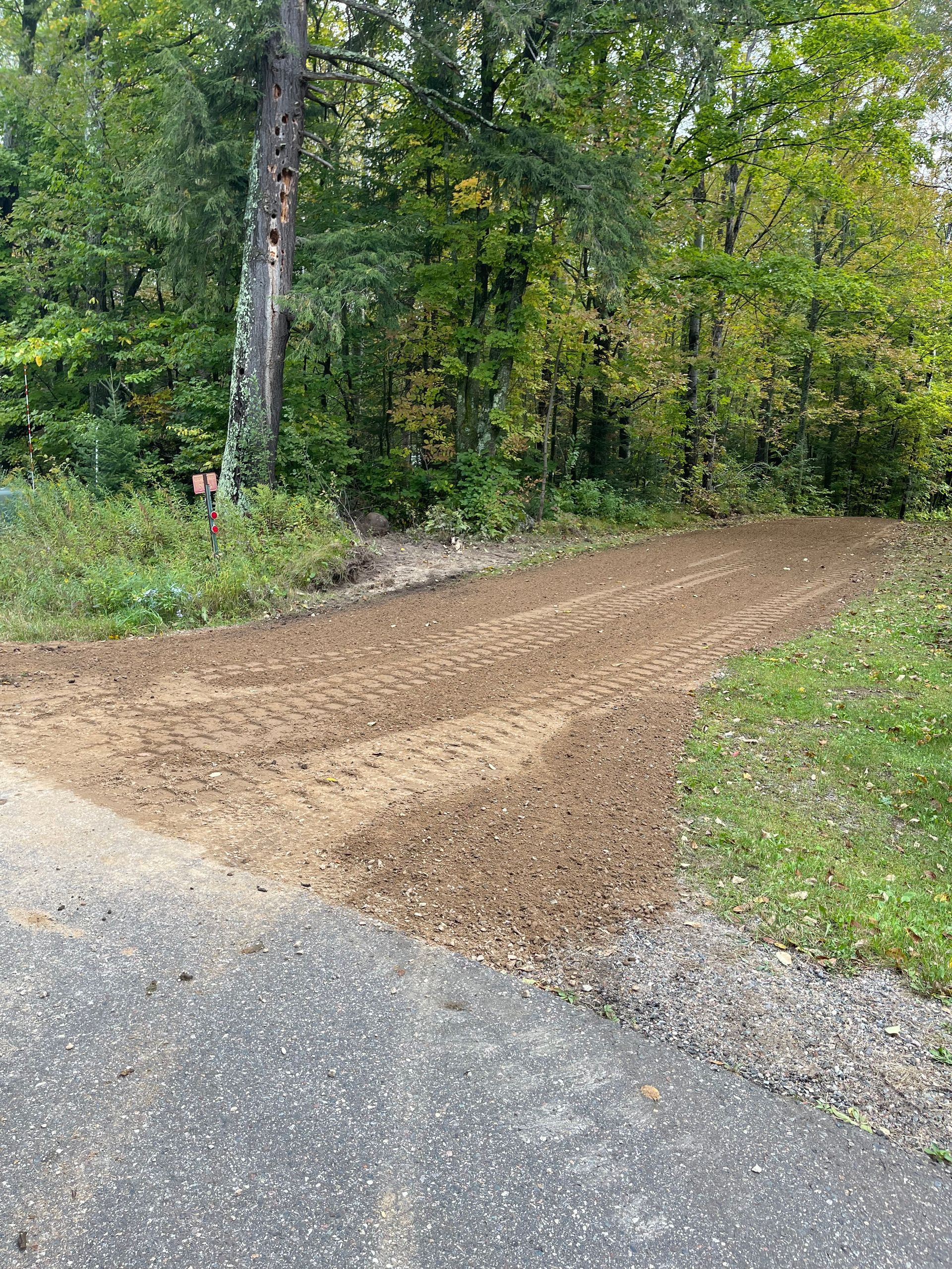 Dirt patch next to a road, possibly prepared for planting, with trees in the background.
