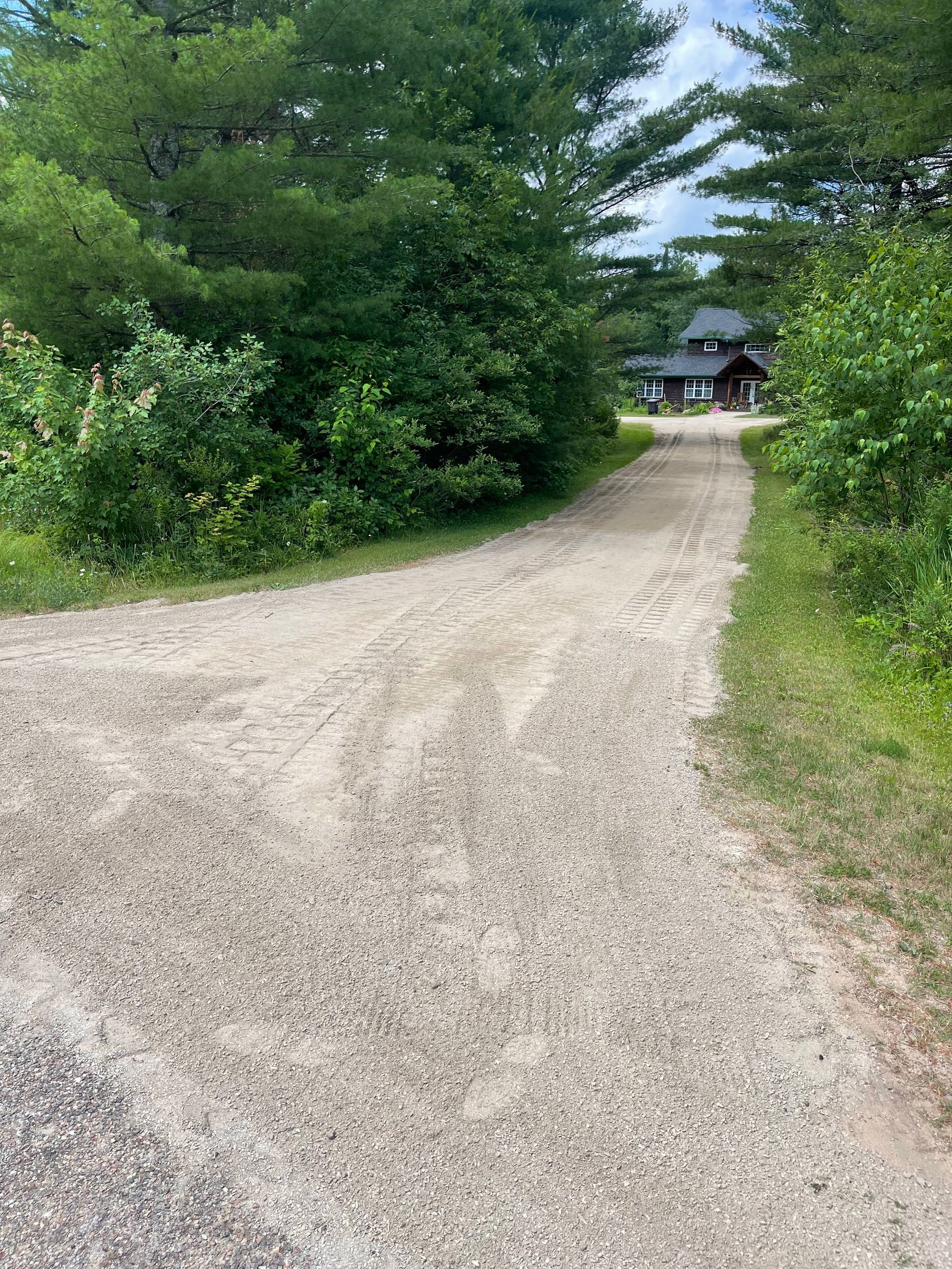 Gravel road leads through trees toward a building under a cloudy sky.