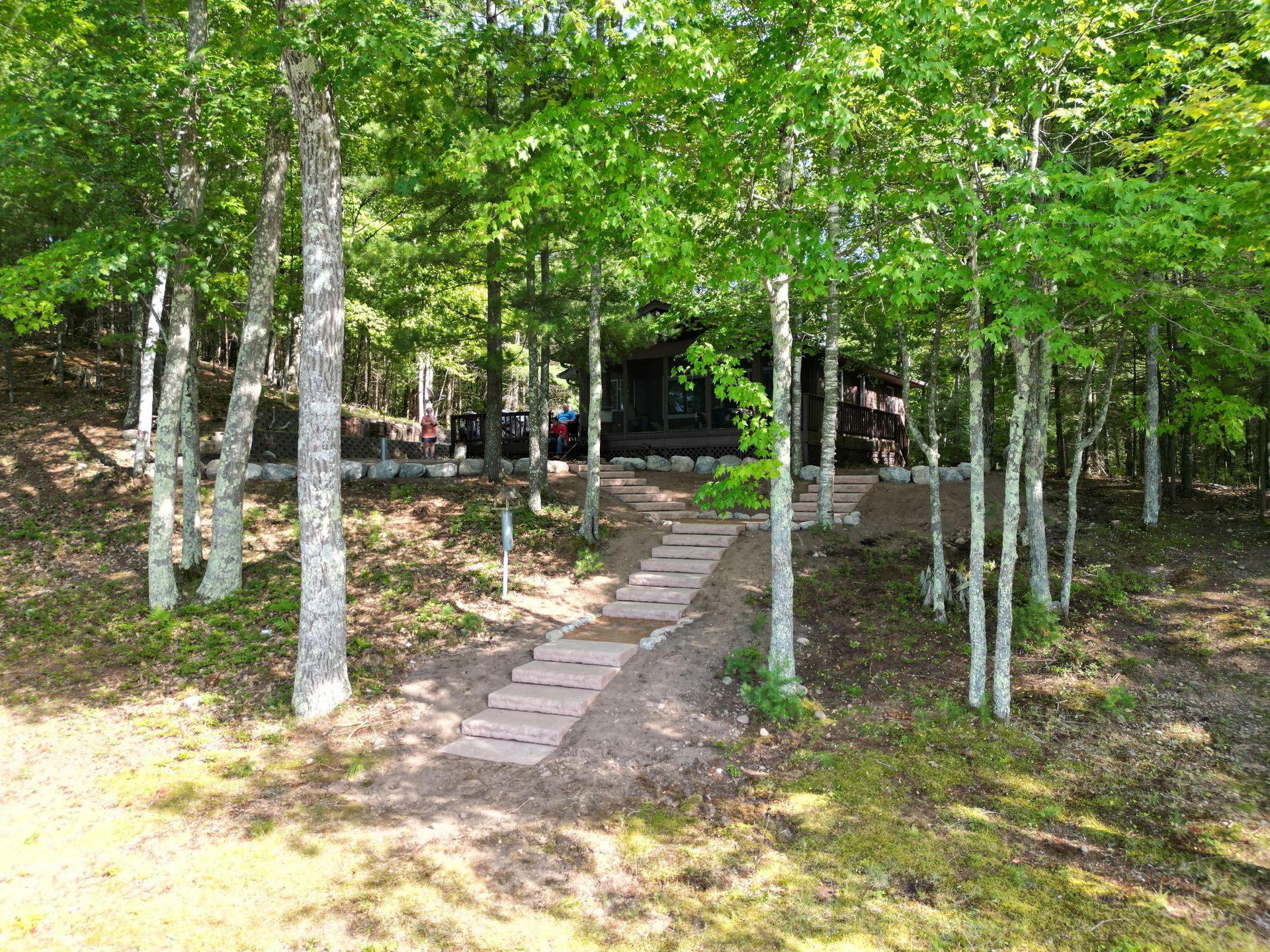 Stone path leads through trees to a cabin. Green leaves and white-barked trees line the path.