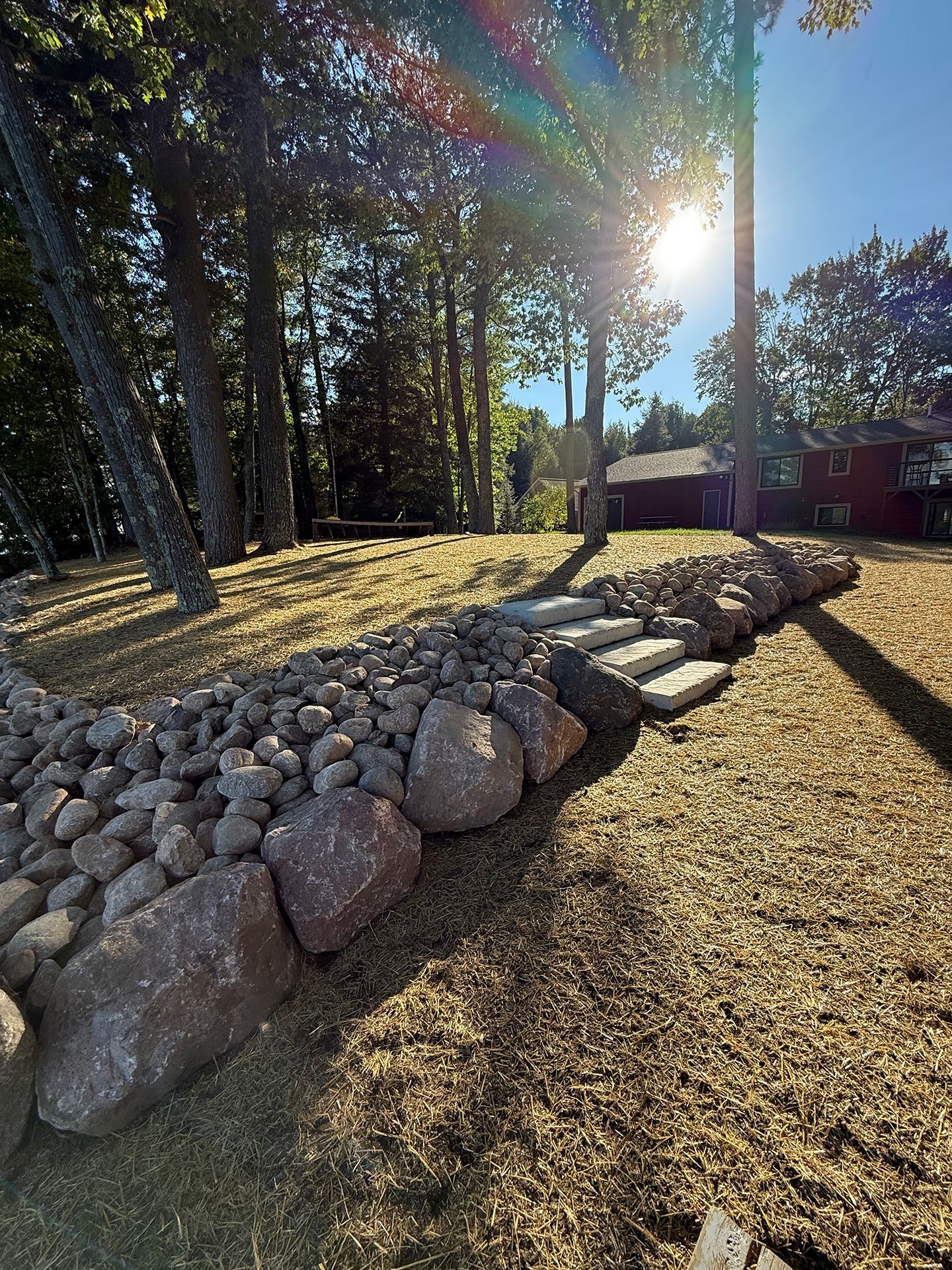 Stone steps lead up a rock wall on a grassy slope, trees in the background, sunlight shining.