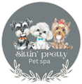 Logo: Three cartoon dogs, gray background,