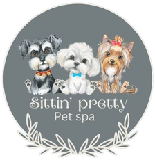 Logo: Three cartoon dogs, gray background,