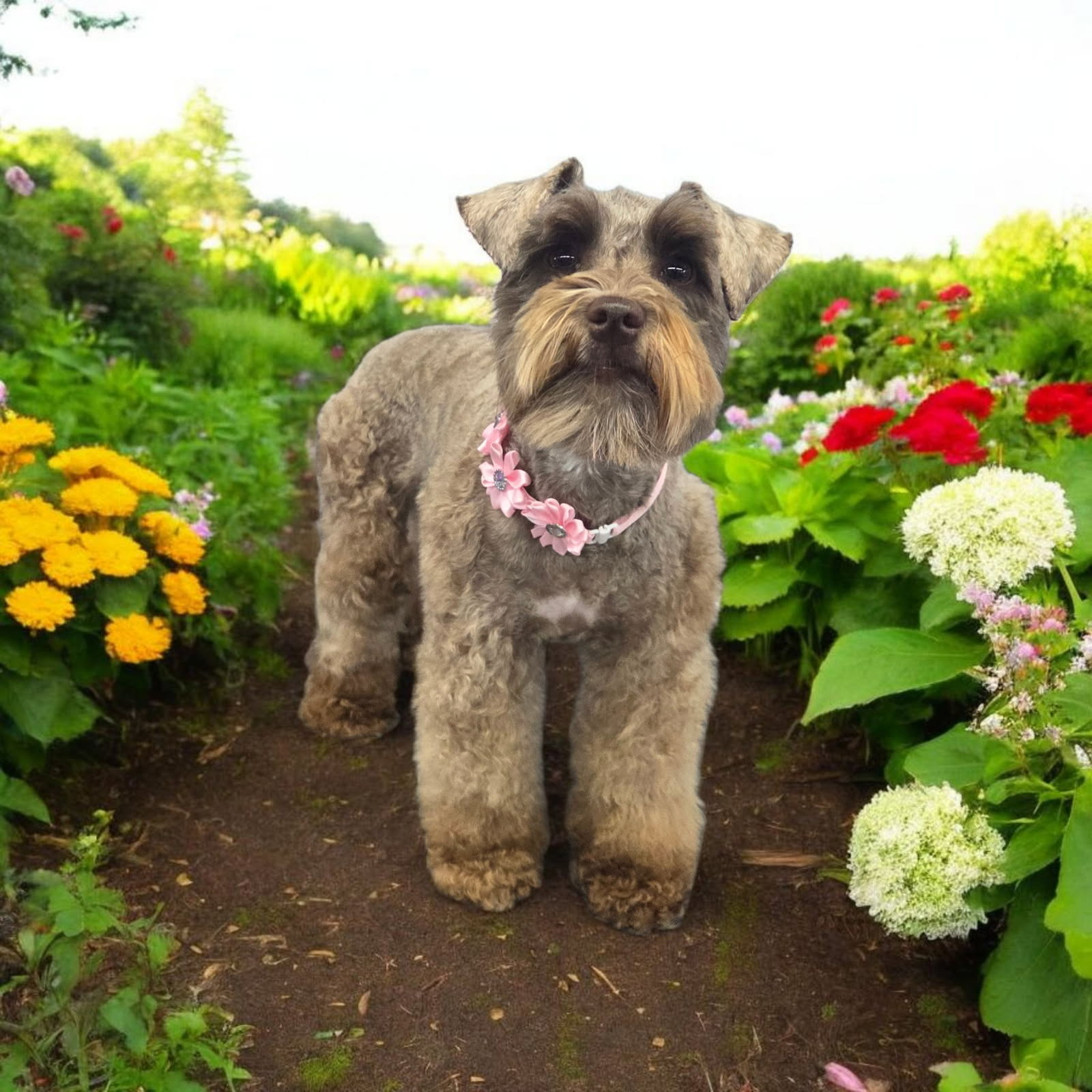 Schnauzer dog in a garden path, wearing a pink flower collar, surrounded by colorful flowers.