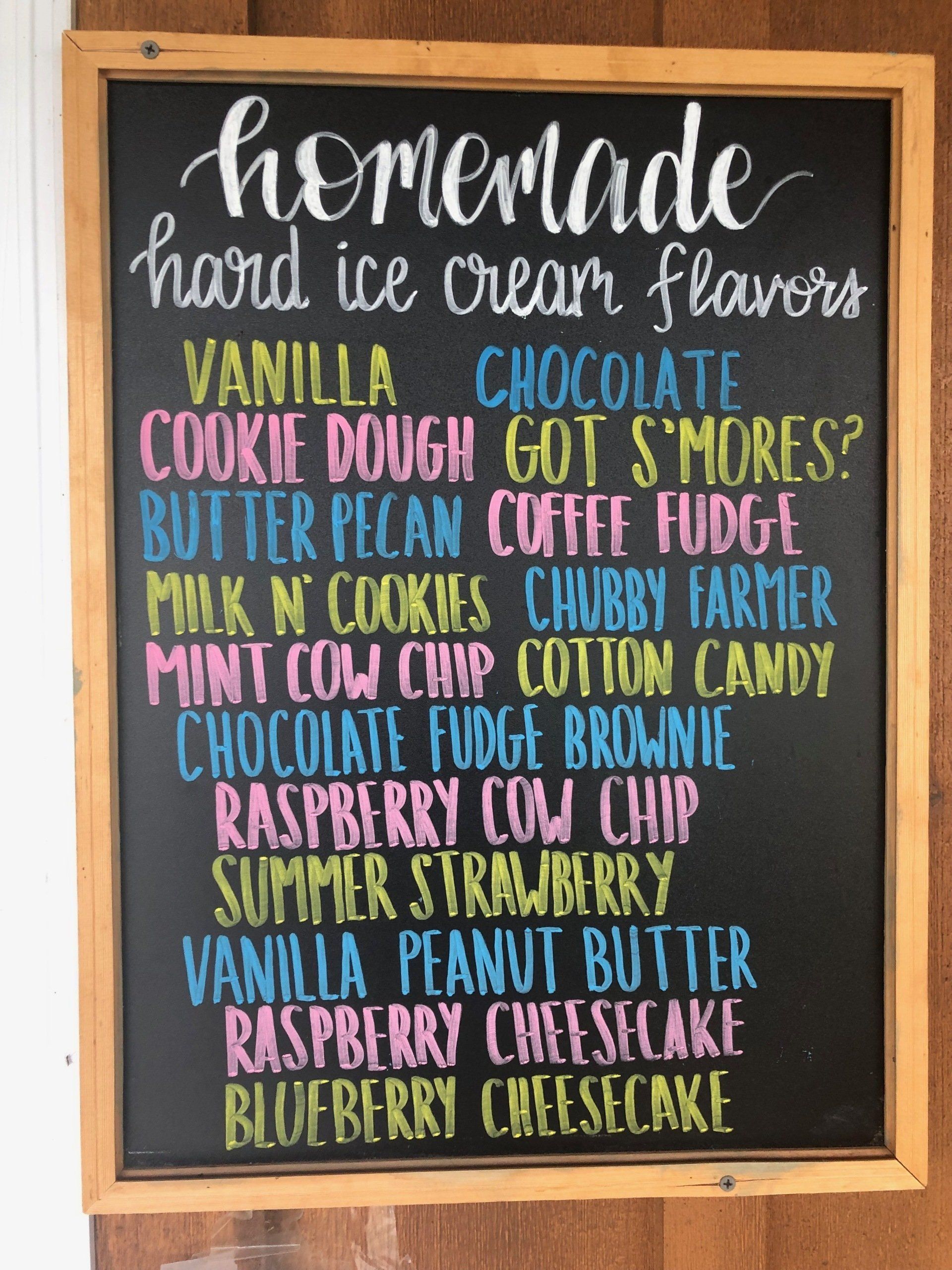 A chalkboard lists homemade hard ice cream flavors