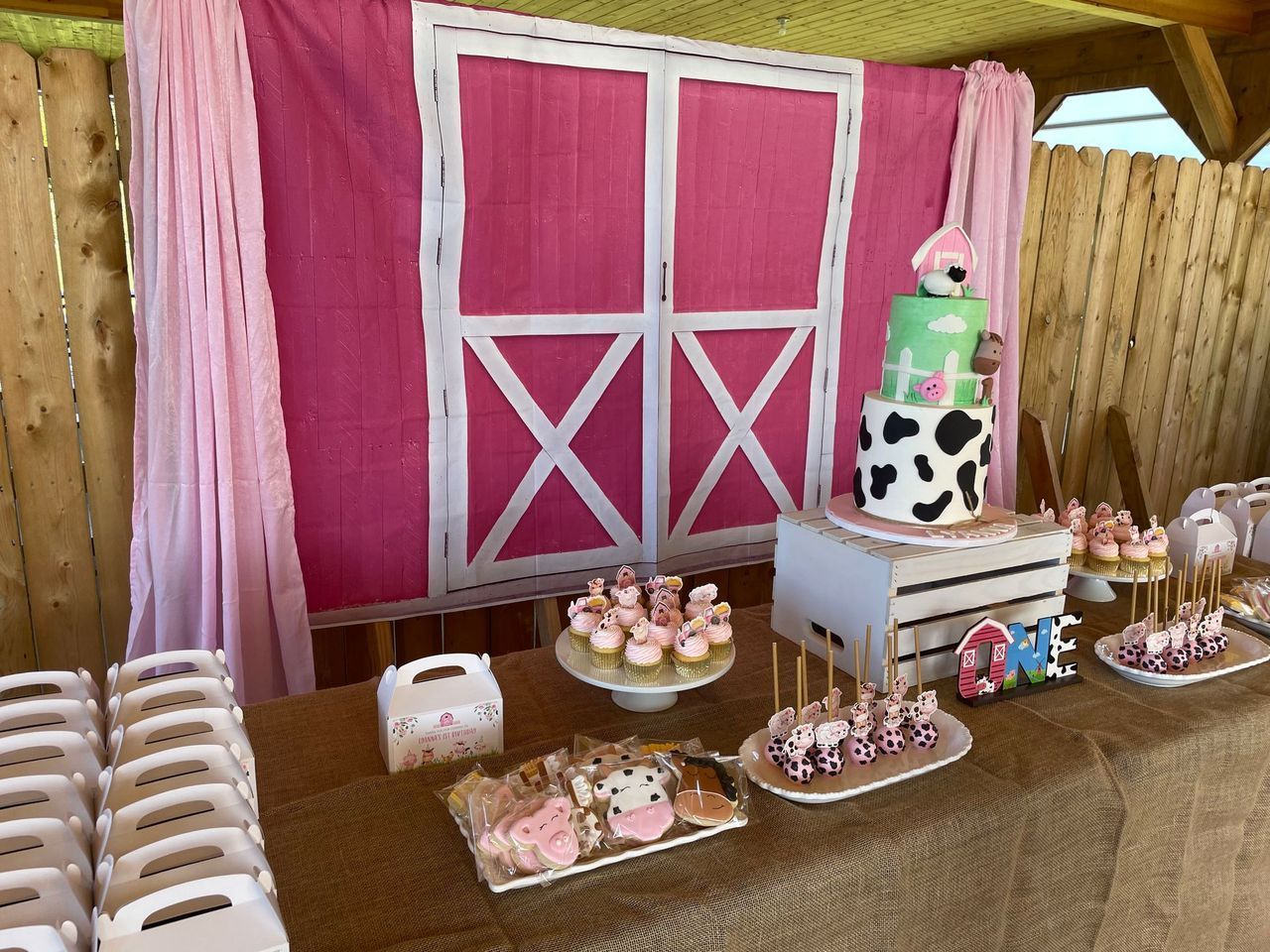 A table with a cake , cupcakes , and cookies on it.