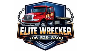 Elite Wrecker logo with red tow truck, chain, and phone number 706-529-8300 on a shield emblem
