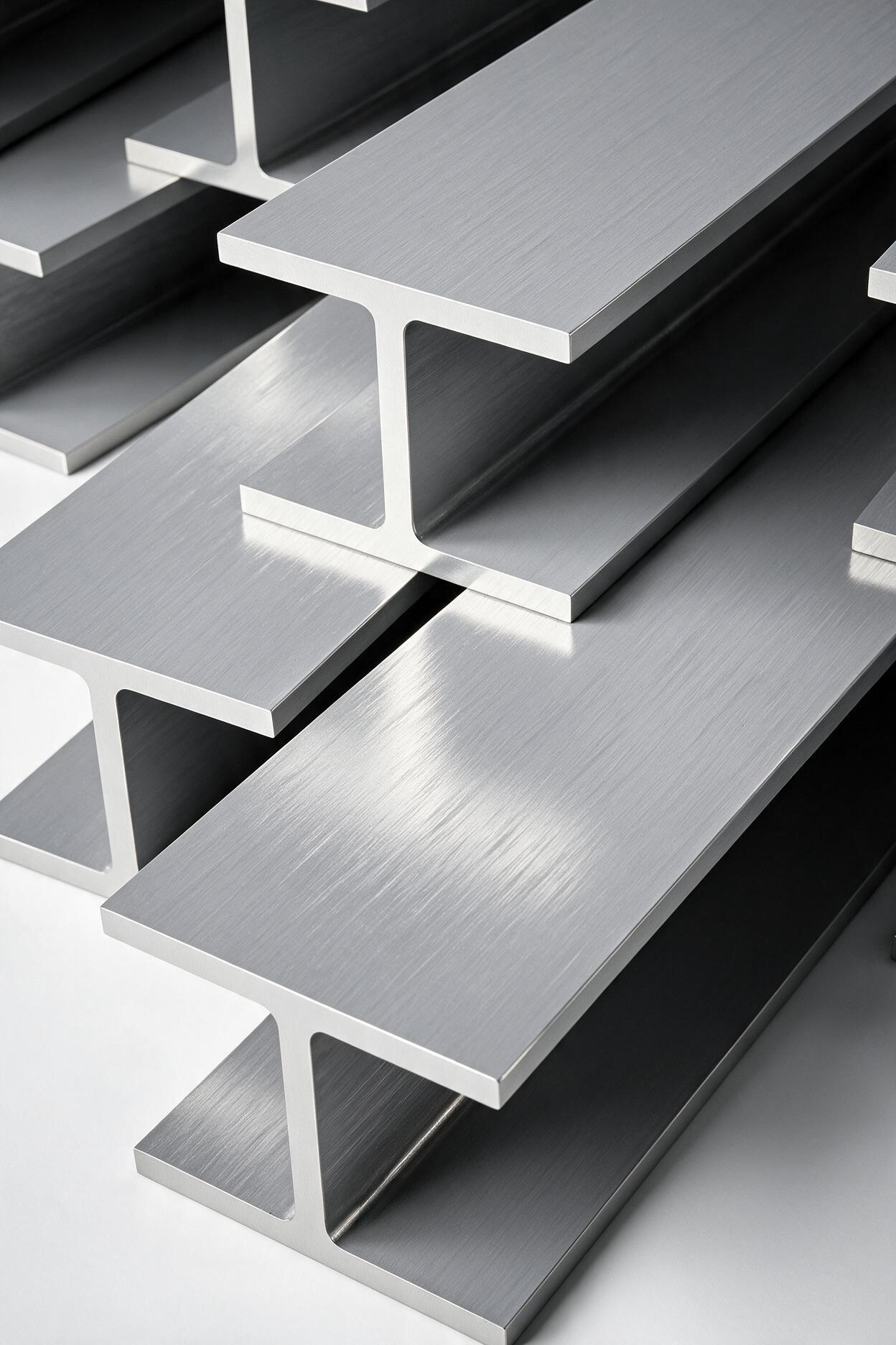 Stacked silver steel I-beams with metallic surfaces, shown in close-up.