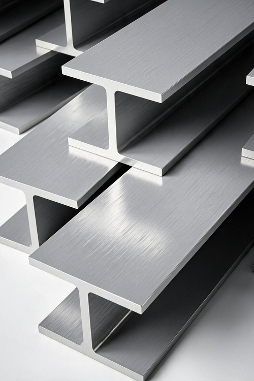 Stacked silver steel I-beams with metallic surfaces, shown in close-up.