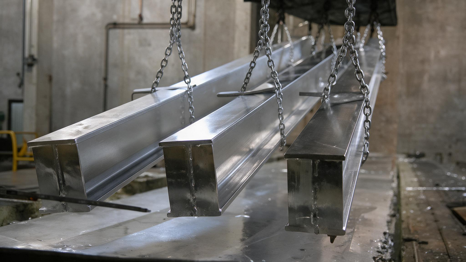 Suspended metal beams hanging by chains in an industrial workshop