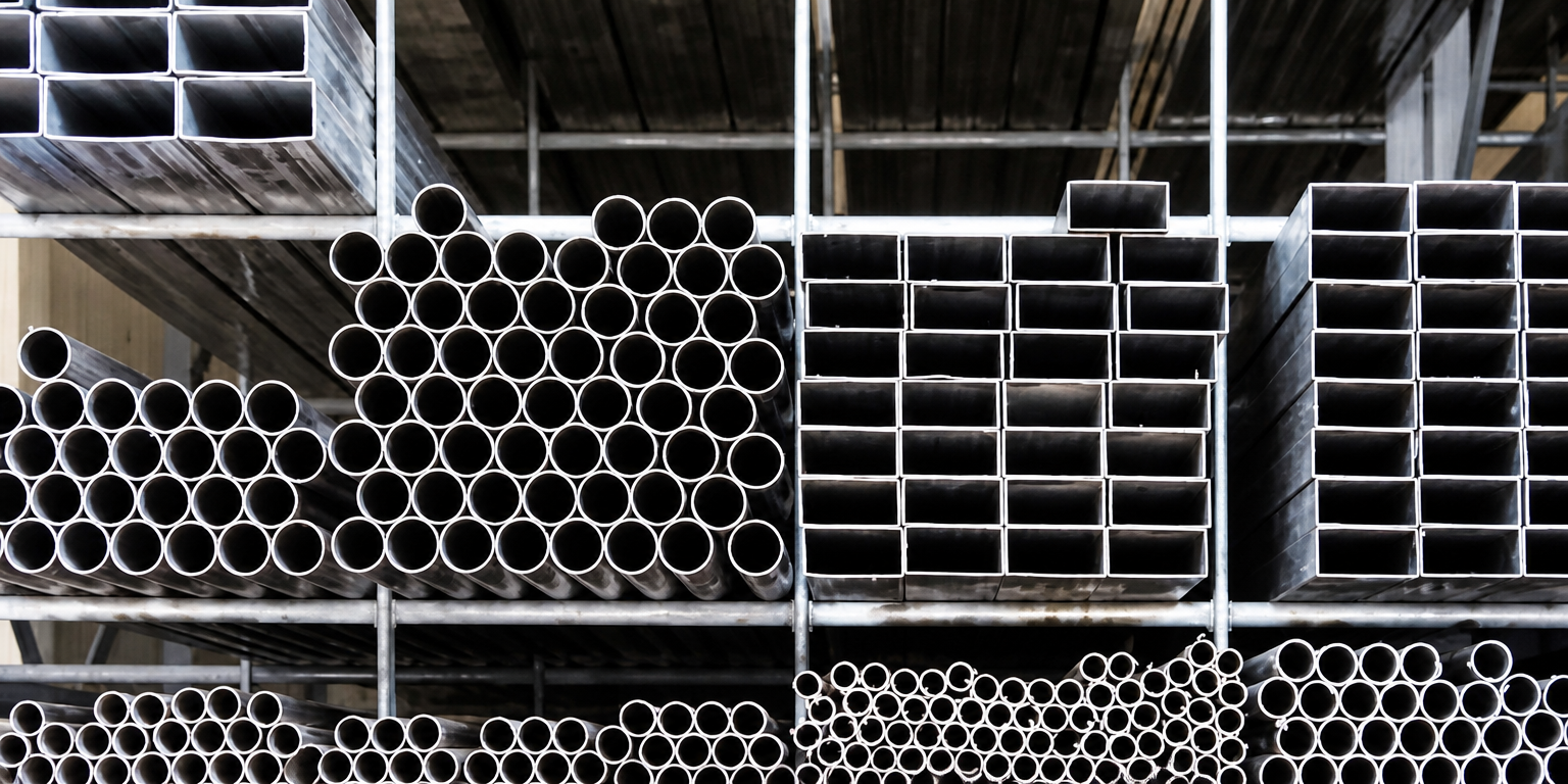 Stacks of black metal pipes and square tubing stored on industrial shelving.