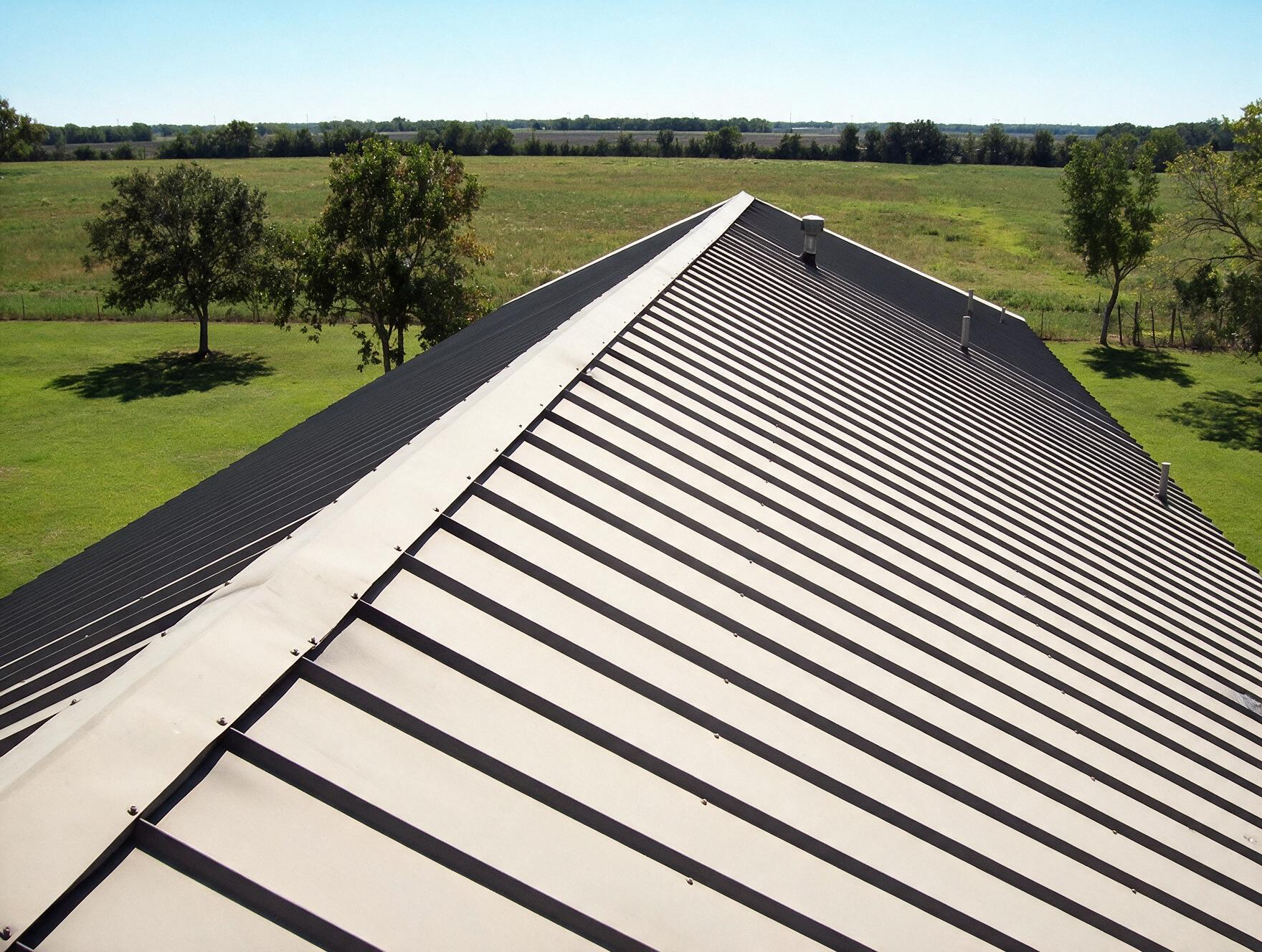 Corrugated metal roof panels with silver and white stripes, showing overlapping ridges and seams