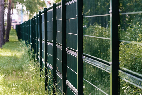 Green metal fence along a grassy path in a sunny outdoor area