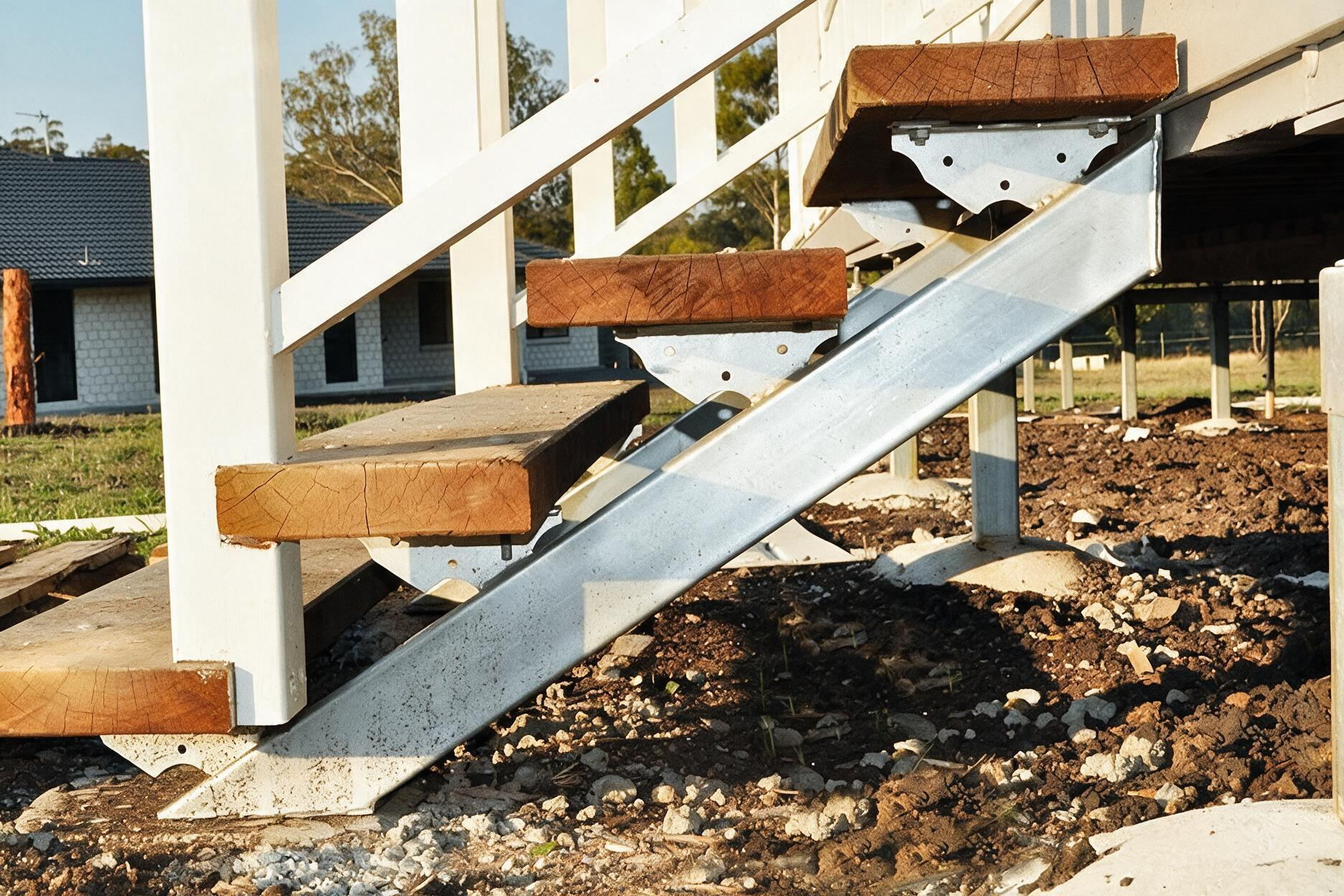 Metal stairs with wooden treads on a gravel foundation under construction