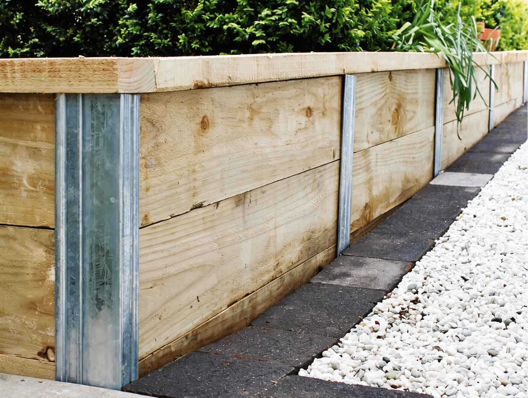 Wooden garden retaining wall with metal corner trim beside a gravel path and greenery