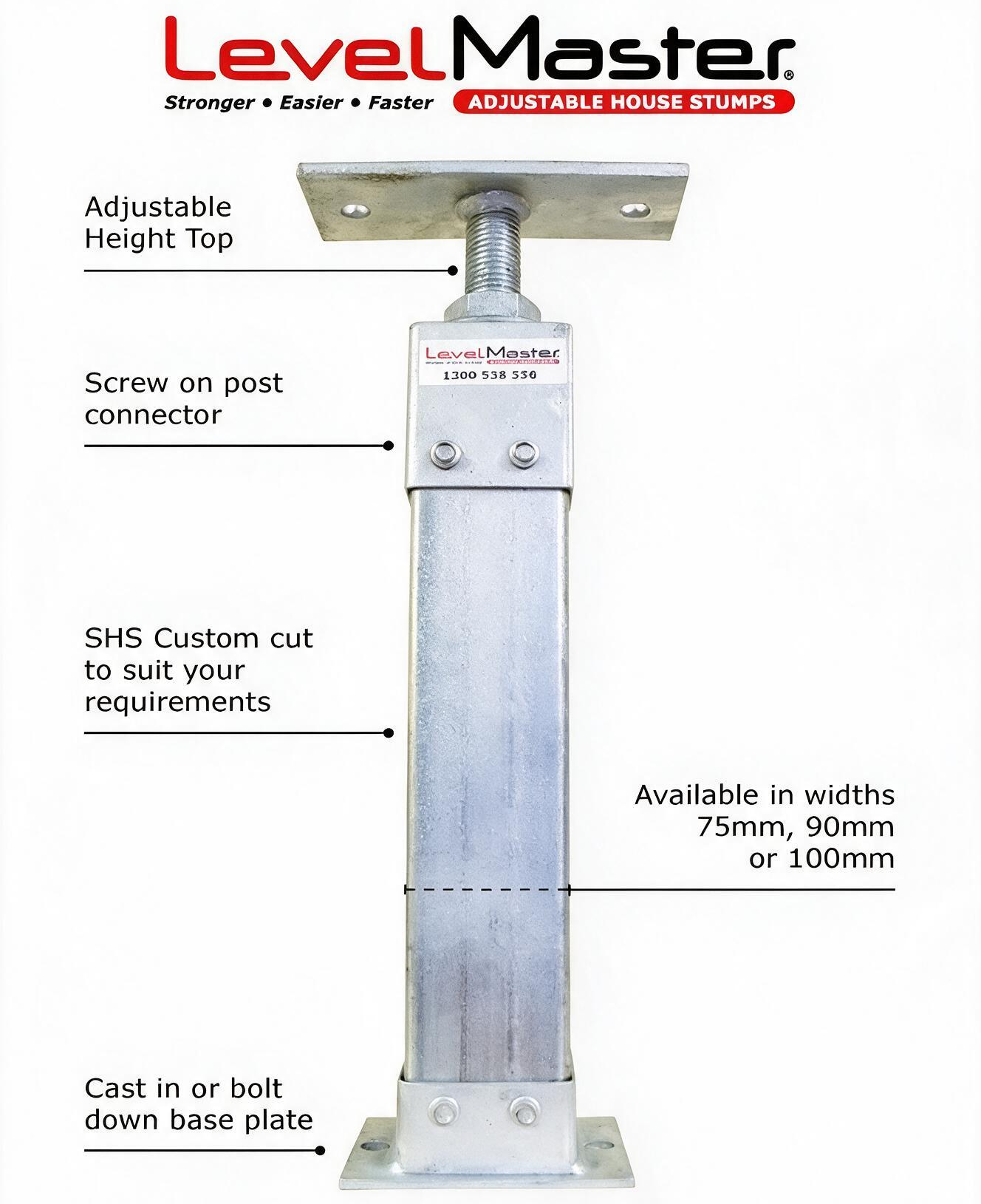 Adjustable steel post base plate with labeled callouts and LevelMaster logo