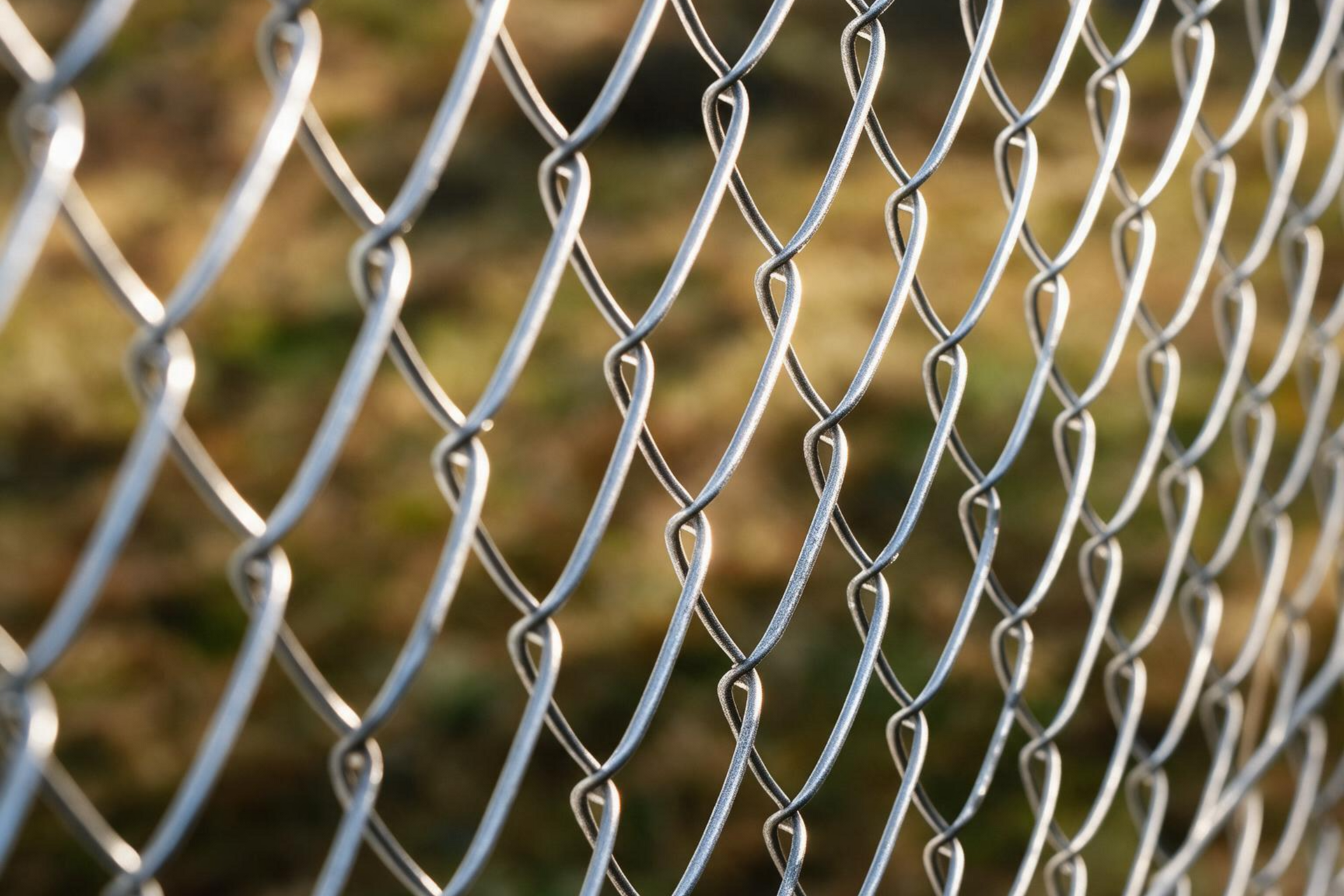 Close-up of a silver chain-link fence with a blurred brown background
