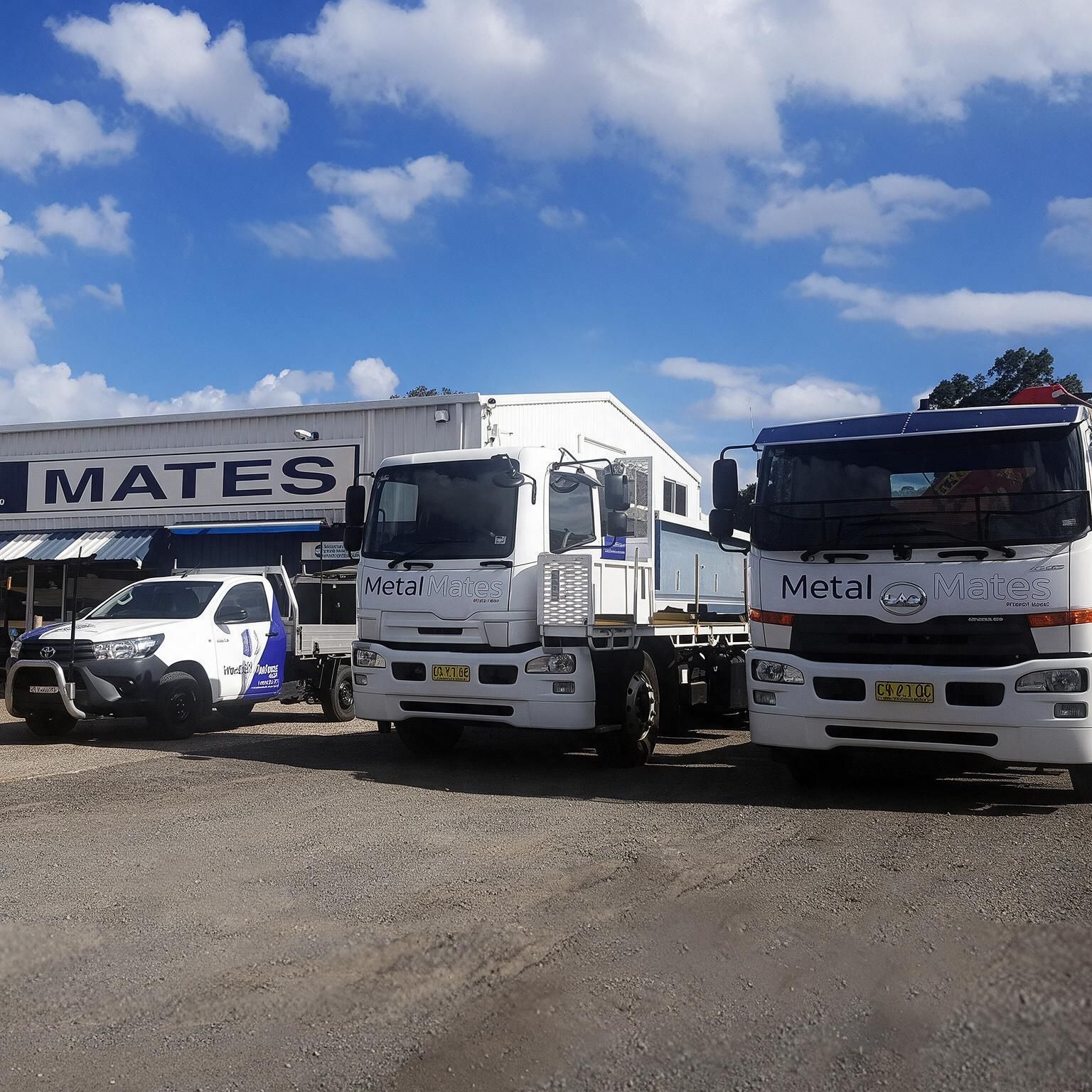 Three white trucks and a trailer parked on gravel under a blue sky with clouds.