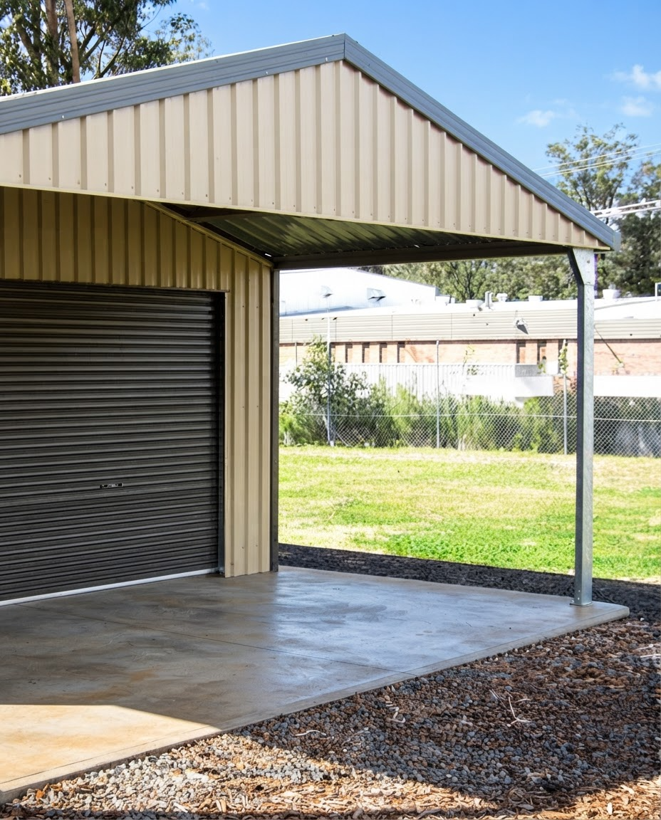 Gray garden shed behind a black metal fence, with a green lawn and orange lawn tools nearby