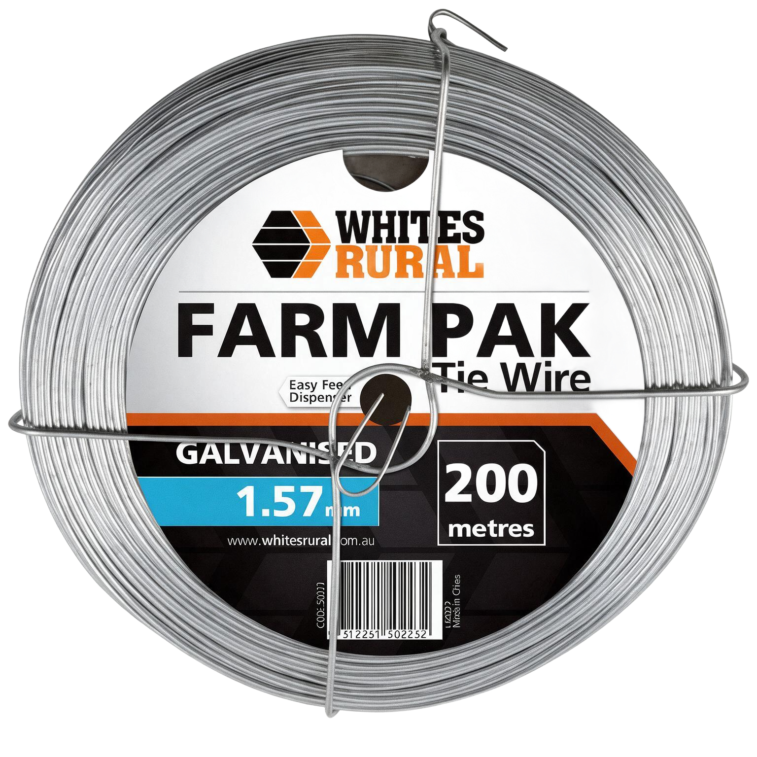 White farm tie wire spool labeled “WHITES RURAL FARM PAK,” 200 metres, 1.57 mm galvanized steel.