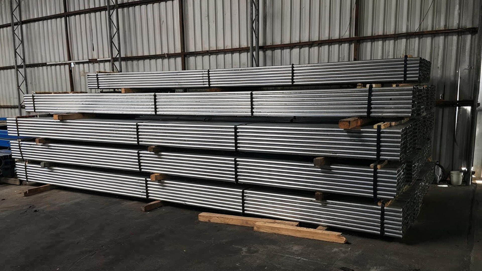 Stacked metal pipes and long poles stored on industrial racks in a warehouse.