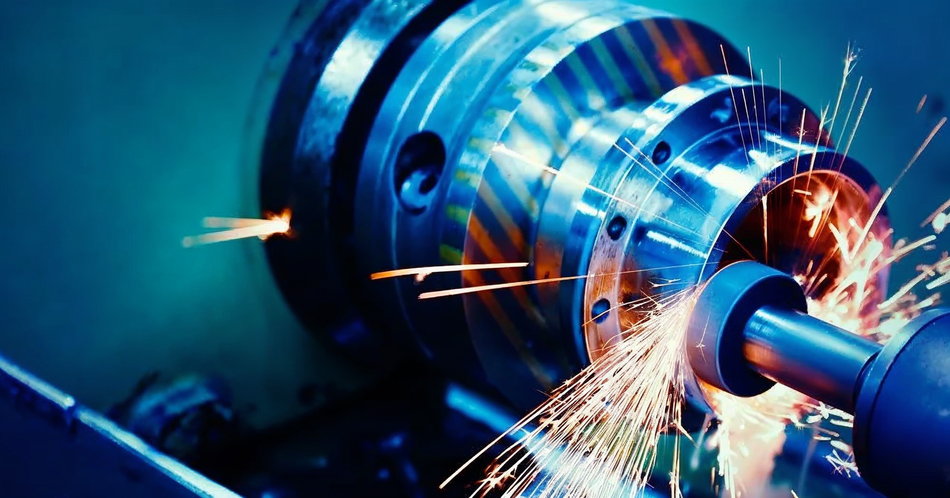 Metal lathe cutting a cylindrical part with bright sparks flying in a blue workshop