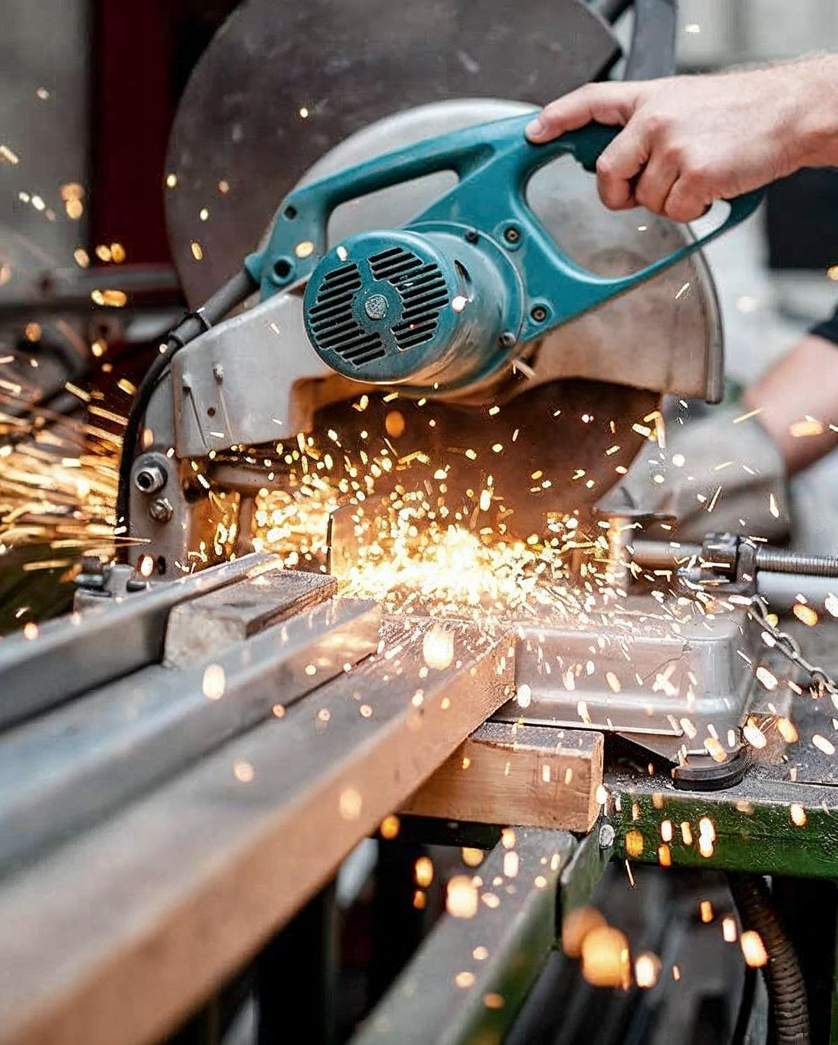 Lathe machine cutting metal, with bright sparks flying in a blue industrial setting