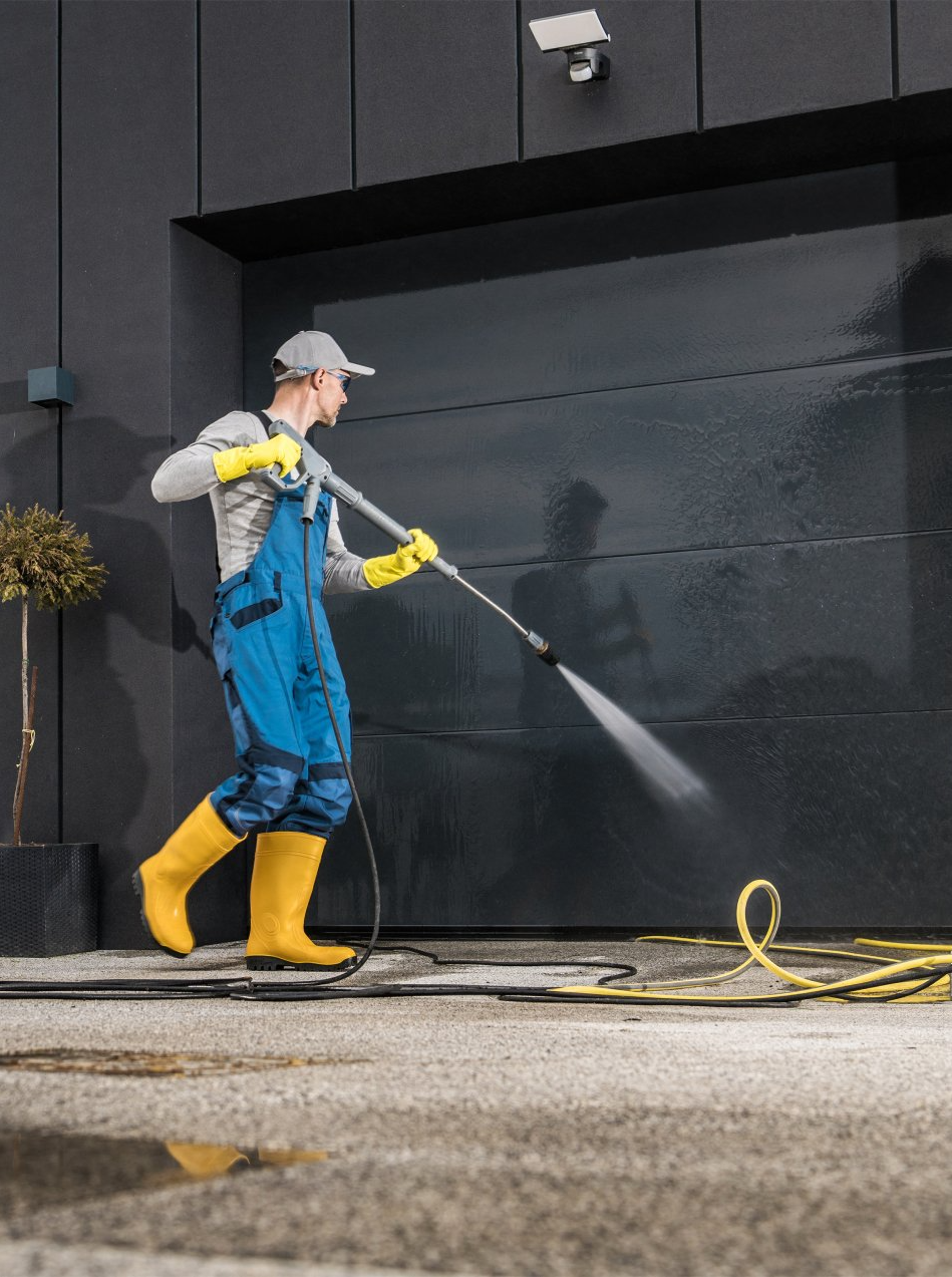 a man pressure washing garage door