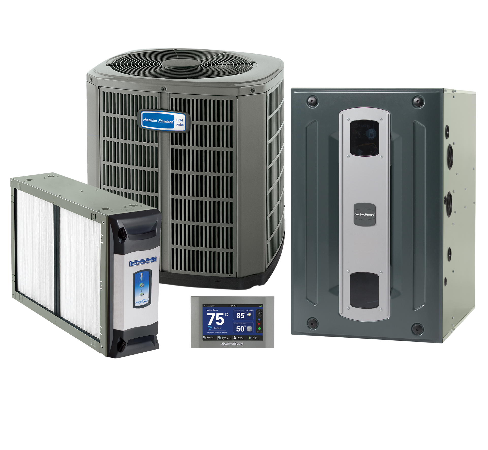 Air conditioner system components: outdoor unit, furnace, thermostat, and wall-mounted unit