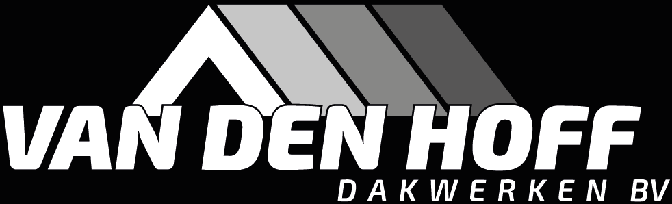 Logo van Van den Hoff Dakwerken BV, een dakbedekkingsbedrijf, met een dakafbeelding in grijstinten en witte tekst op een zwarte achtergrond.