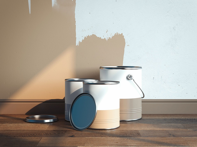 Barattoli di vernice su un pavimento di legno, con una parete parzialmente dipinta di beige e bianco.