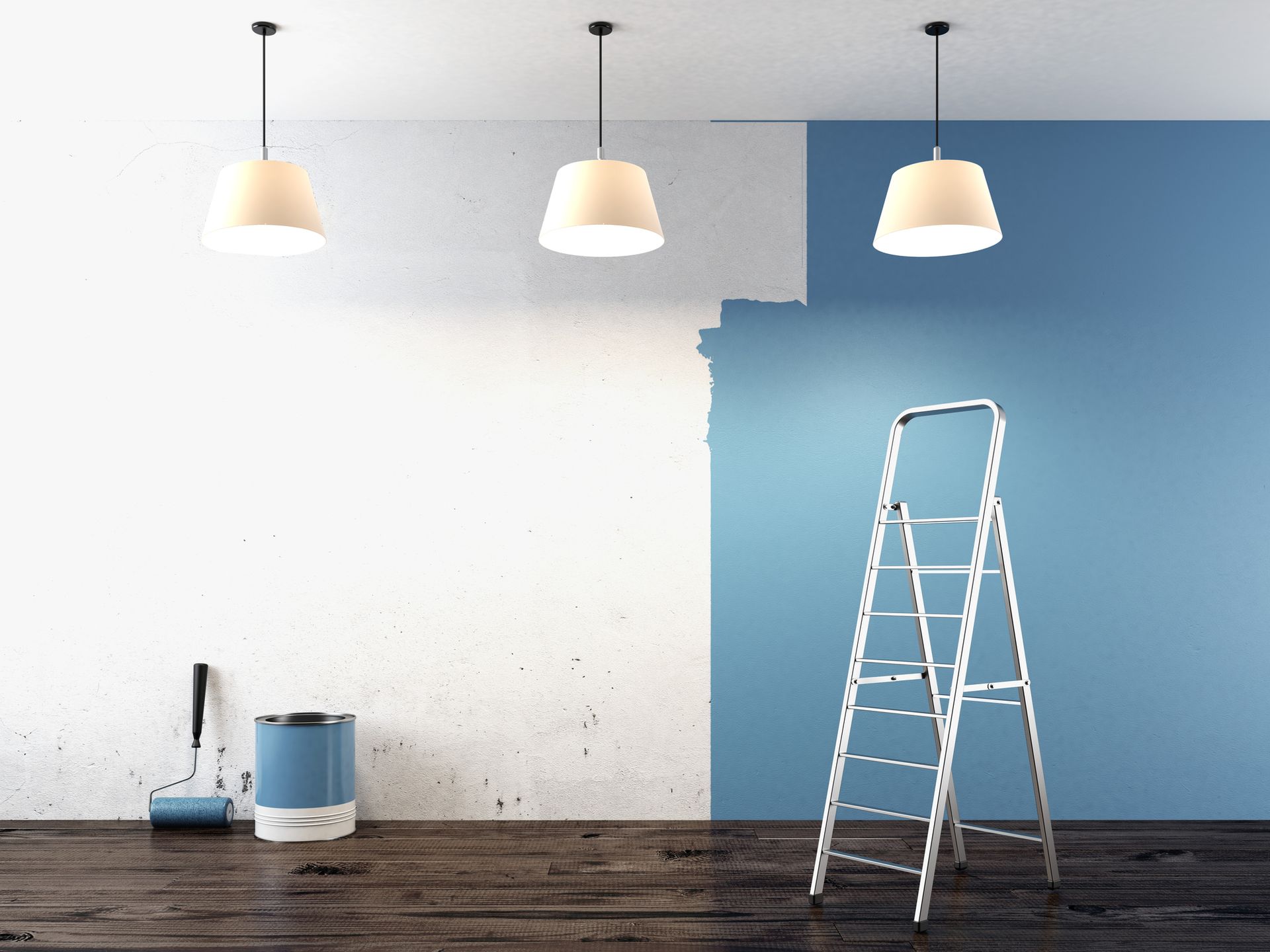 Parete dipinta di blu e bianco, con barattolo di vernice, rullo, scala e lampade a sospensione.
