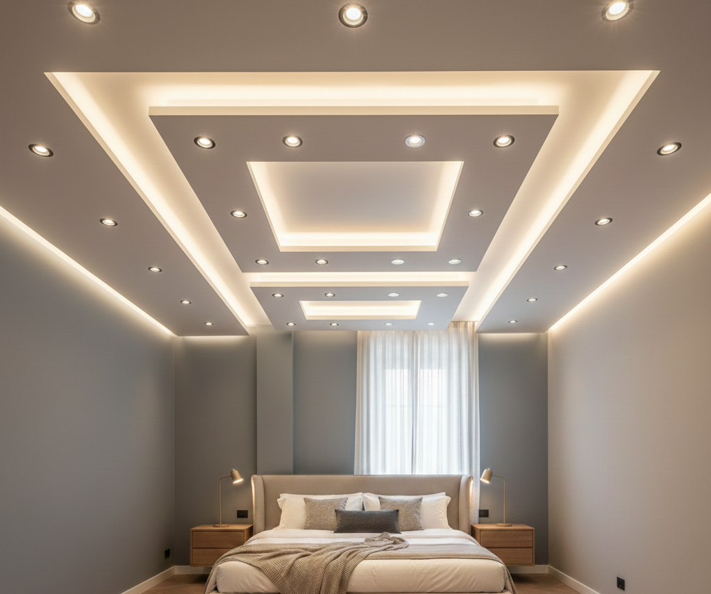 Camera da letto con illuminazione a incasso nel soffitto a cassettoni. Colori neutri, letto al centro.