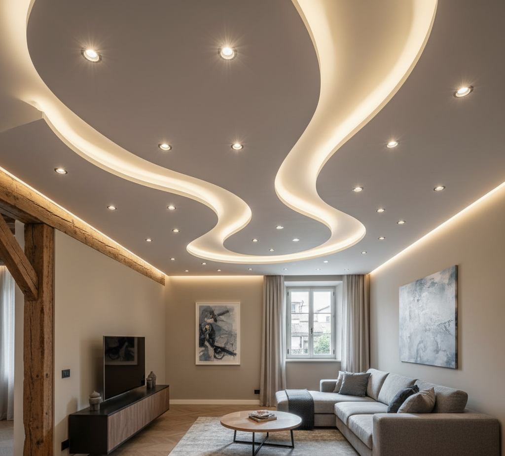 Soggiorno con soffitto ondulato e illuminato, luci da incasso, colori neutri e un divano moderno.