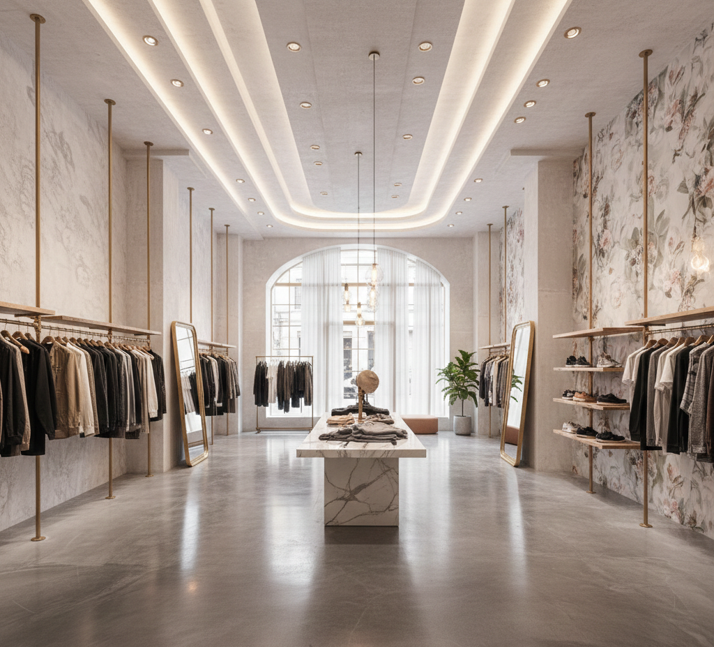 Interno di un negozio di abbigliamento: spazio lungo e rettangolare con appendiabiti, parete floreale e porta ad arco.