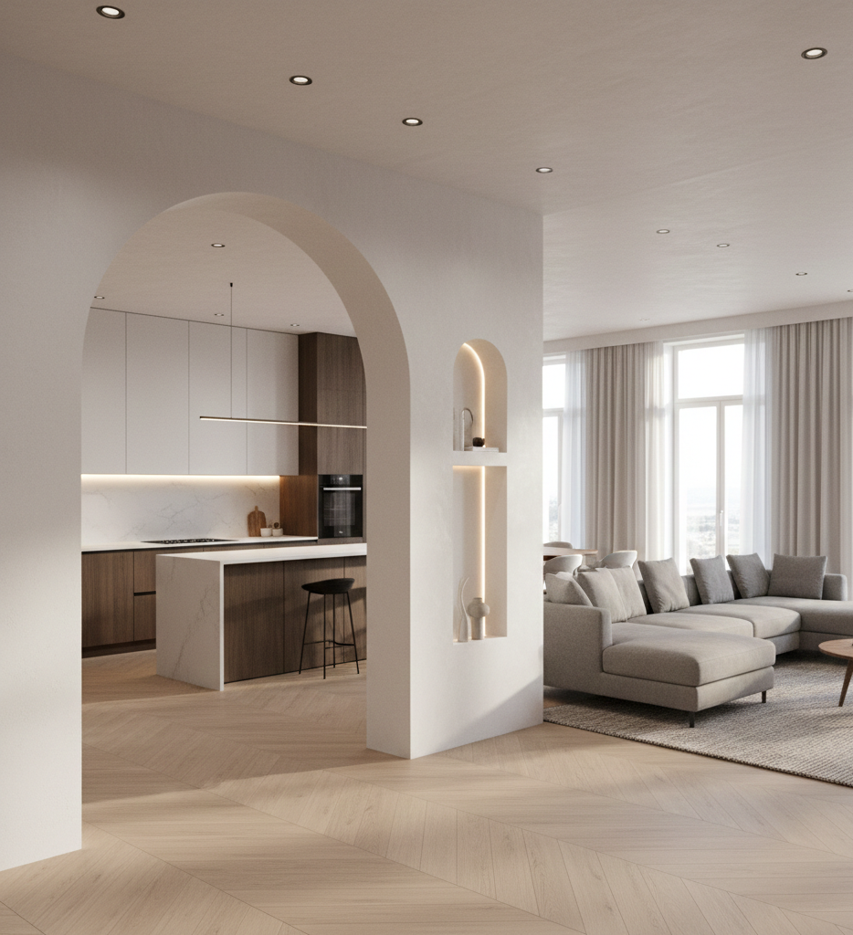 Soggiorno moderno con arco che conduce alla cucina. Toni neutri, pavimenti in legno chiaro e divano grigio.