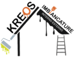 Logo per i servizi di verniciatura Kreos con rullo, gocce di vernice, pennello, scala e testo in italiano.