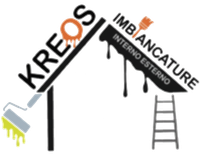 Logo per i servizi di verniciatura Kreos con rullo, gocce di vernice, pennello, scala e testo in italiano.