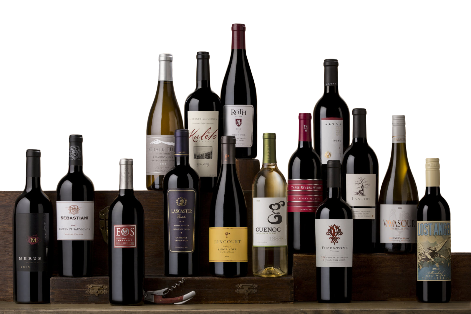 A group of wine bottles are sitting on a wooden shelf.