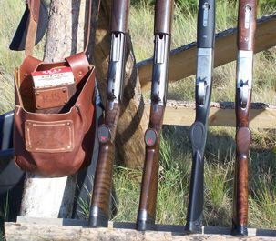 A row of shotguns are lined up on a wooden rack