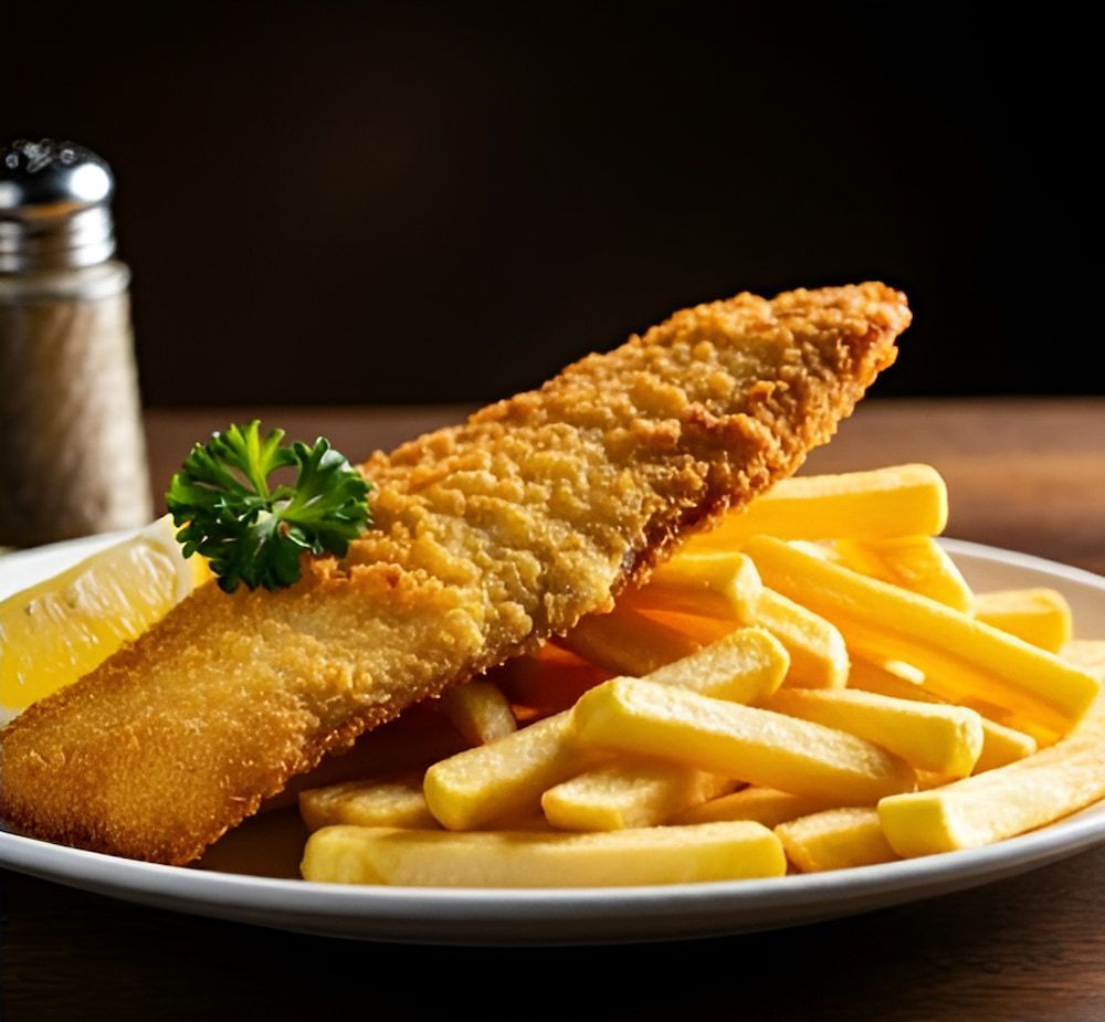 A White Plate Topped With Fried Fish And French Fries — Mulgrave Seafoods In Bungalow, QLD
