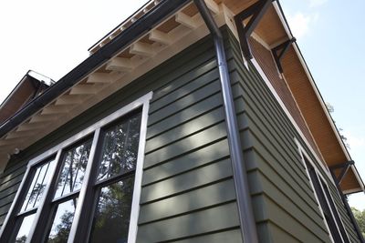 Green-sided house with dark trim and windows, light-colored soffit, and black gutters.