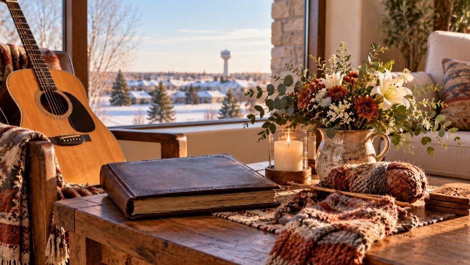 Memorial setting with guitar and handmade keepsakes for cremation services in Martensville, SK