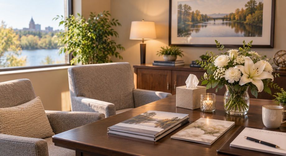 Peaceful planning room with flowers and memorial books for cremation services in Saskatoon, SK
