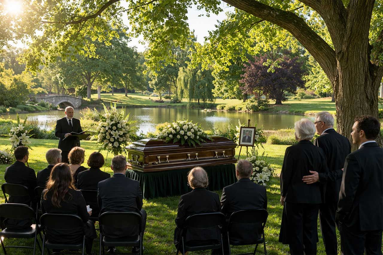 Funeral Service in A Beautiful Sunlit Park With Casket Floral Arrangements And Seated Mourners