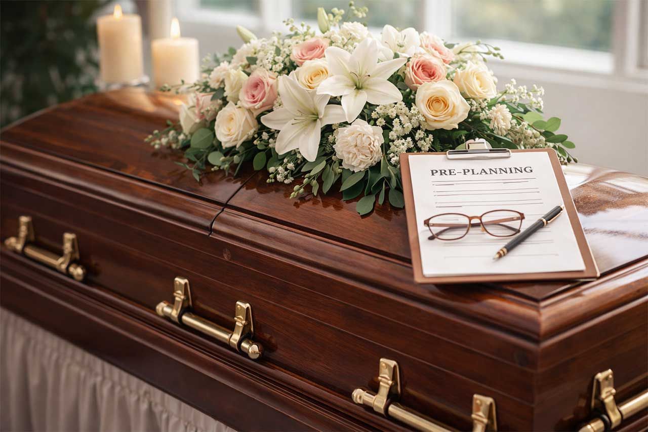 Elegant Wooden Casket With Floral Arrangement And Pre-Planning Documents On Top