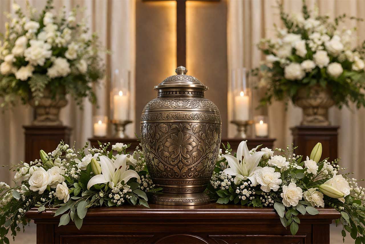 Ornate Metal Urn Displayed On Wooden Altar With White Floral Arrangements And Candles
