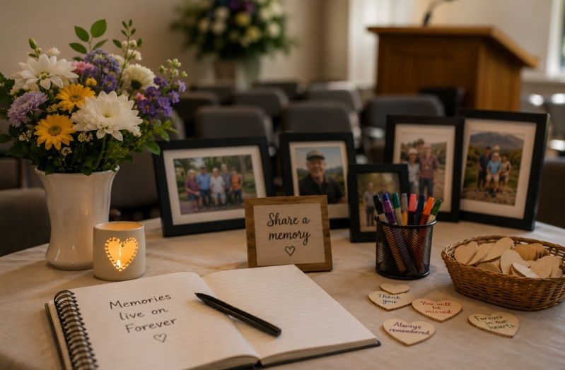 Memorial memory table with family photos and flowers at funeral homes in Martensville, SK